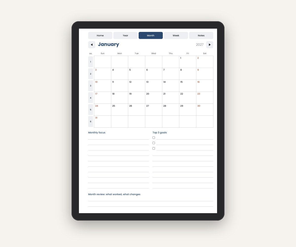 Monthly calendar page